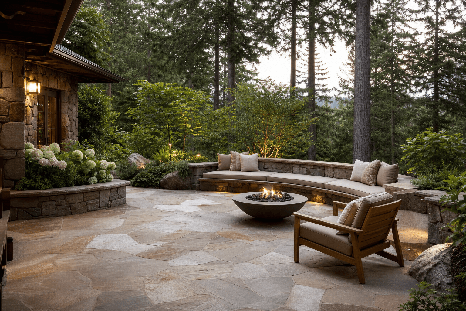 Residential patio and garden with natural stonework