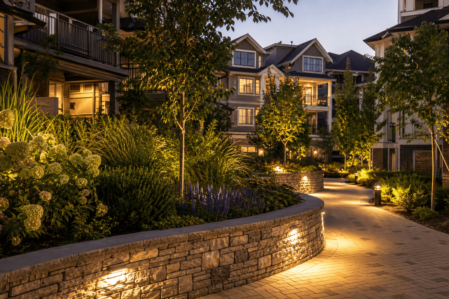 Commercial property landscape with retaining walls and structured plantings