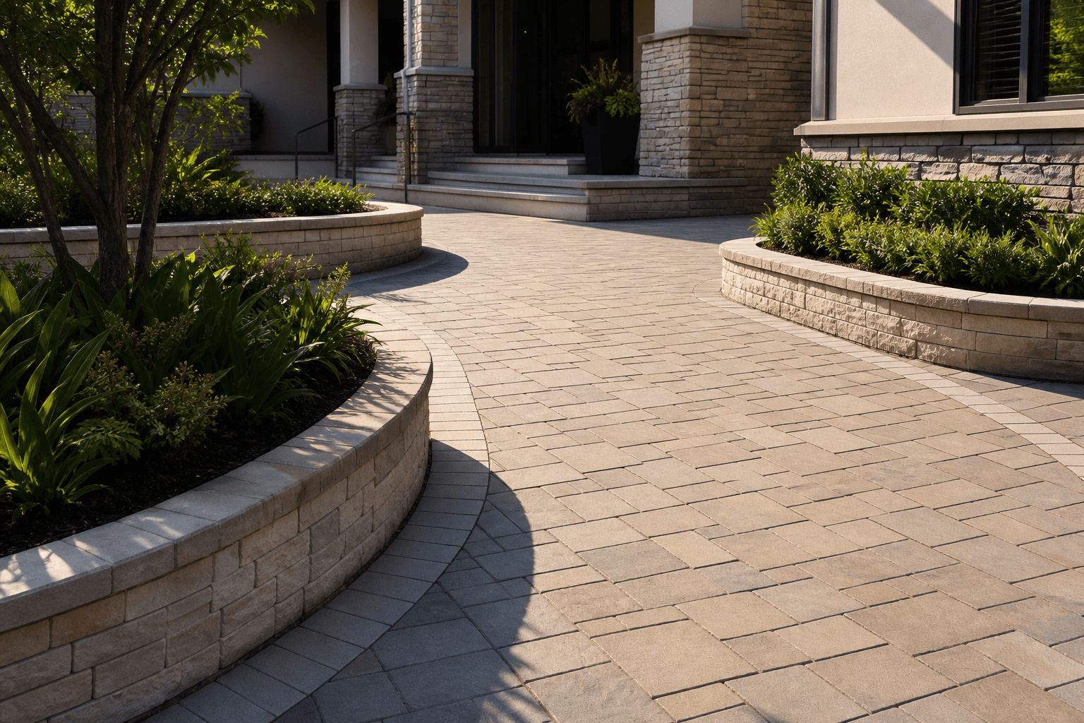 Hardscape capital improvement with retaining wall and pavers