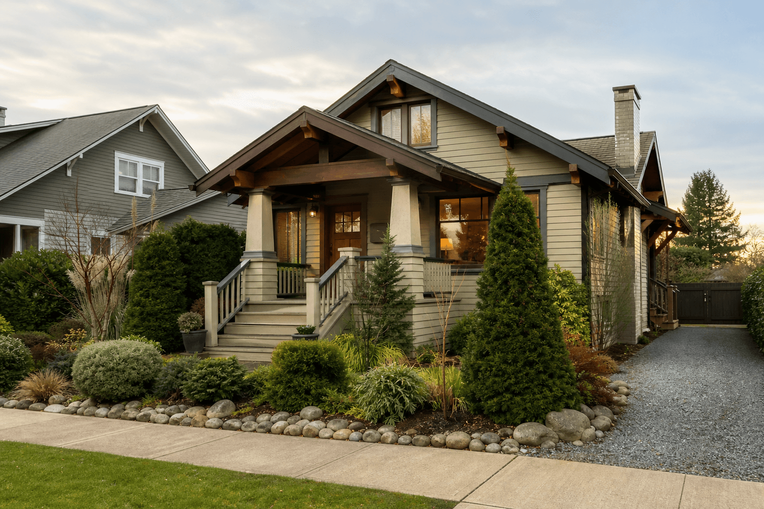 Craftsman home with front walk, planting beds, and gravel driveway — Site Read reference