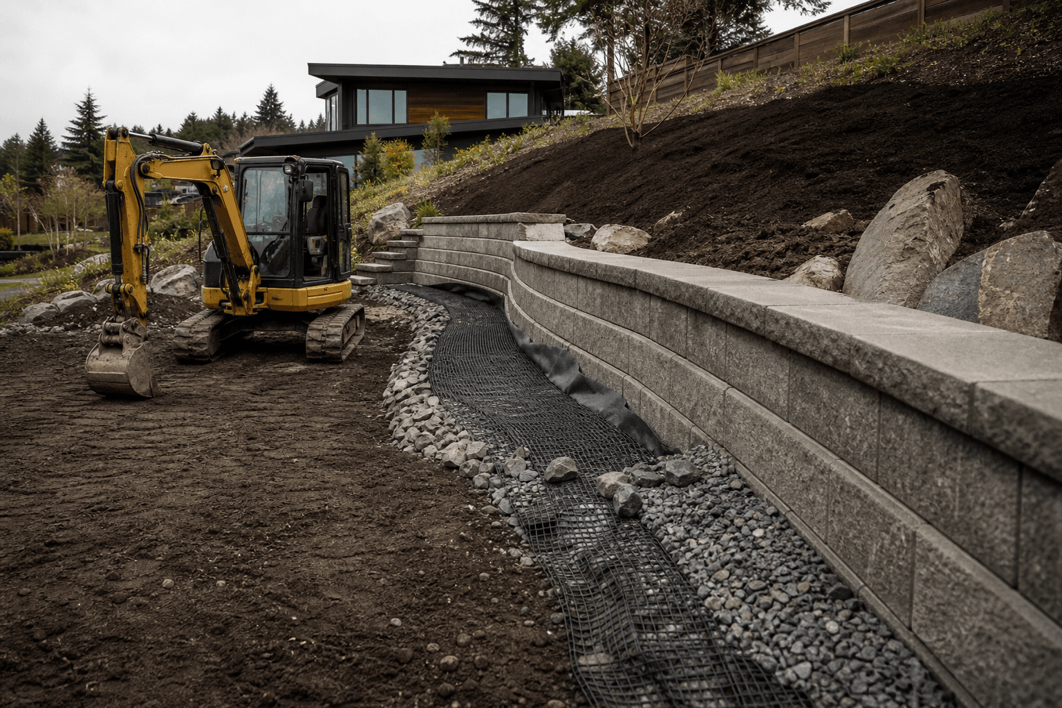Mini-excavator beside new segmental retaining wall on a graded slope—wall and drainage work in progress.