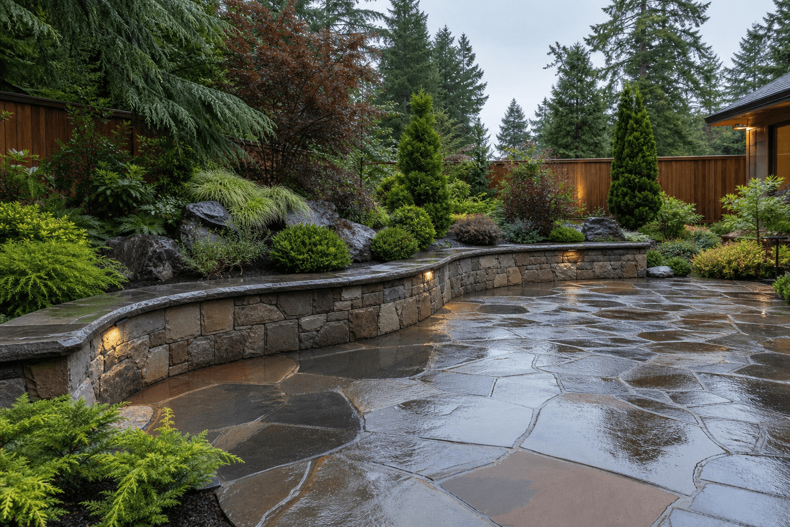 Backyard flagstone patio and low stone seat wall with layered shrubs and trees beyond a wooden fence.