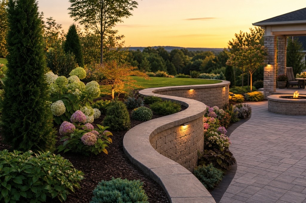Curved segmental retaining wall with cap lighting, layered garden beds, paver patio, and fire pit at golden hour.